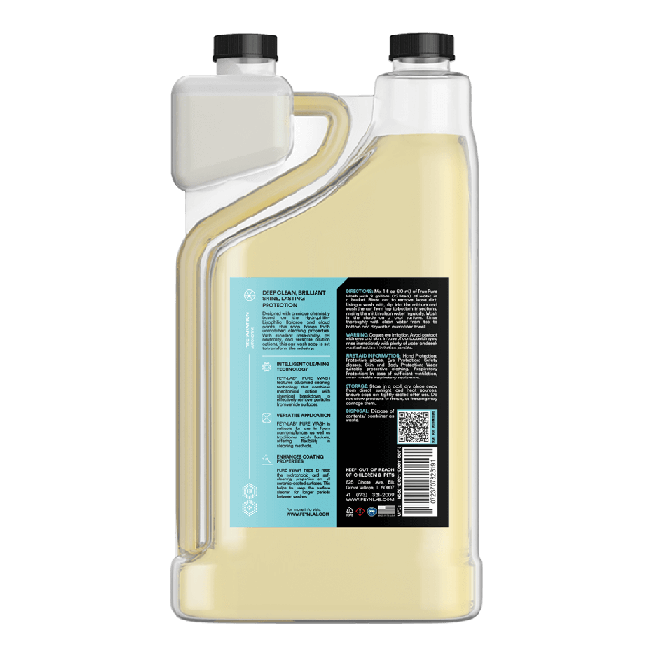 Zadní etiketa autošamponu FEYNLAB Pure Wash 1L s detailními informacemi o chemickém složení, ph neutralitě a návodem k použití.