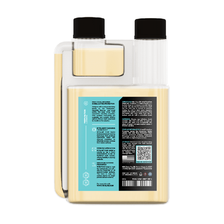 Detailní pohled na zadní stranu 250ml balení FEYNLAB Pure Wash s instrukcemi pro bezpečnou dekontaminaci keramických povlaků.