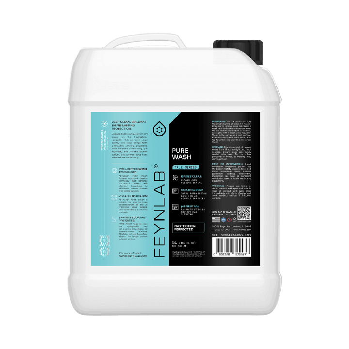 Pětilitrové balení koncentrovaného autošamponu FEYNLAB Pure Wash v bílém kanystru, ideální pro detailingová studia a časté mytí.