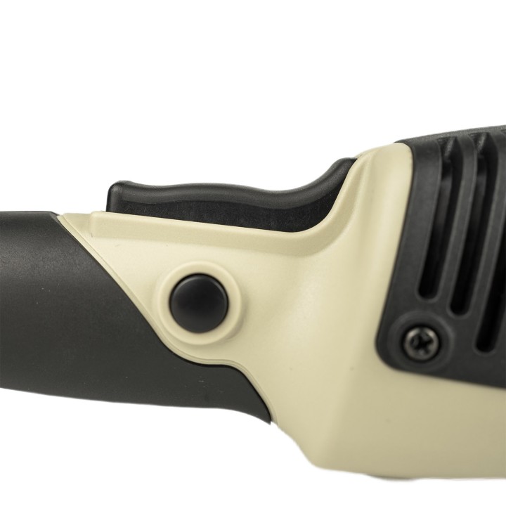 Detail pogumovaného bezpečnostního spínače a ergonomického tvarování těla DA leštičky FEYNMACH V3 pro snížení únavy.