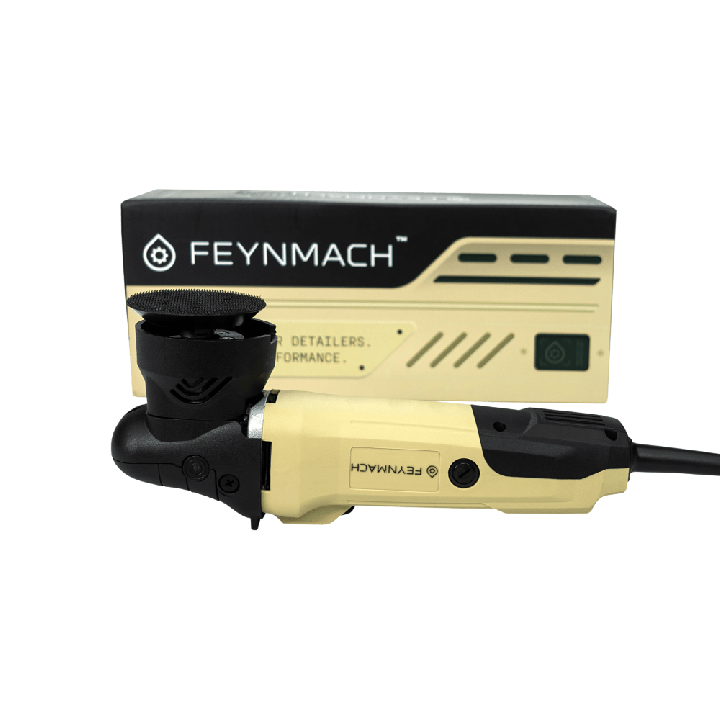 Pohled na 75mm unašeč a ergonomickou hlavu kompaktní leštičky FEYNLAB FEYNMACH V3 DA MINI, ideální pro detailní korekci laku.