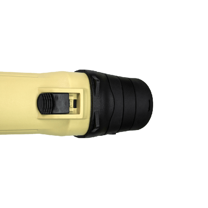 Horní pohled na ergonomické pogumované tělo a bezpečnostní spínač kompaktní leštičky FEYNLAB FEYNMACH V3 DA MINI.