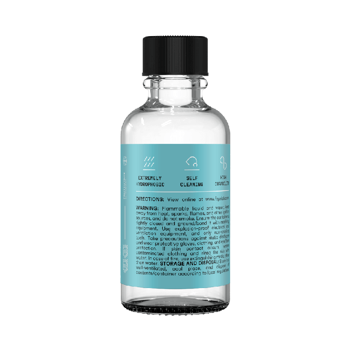 Zadní strana FEYNLAB Window Coating s bezpečnostními pokyny a ikonou extrémní hydrofobity