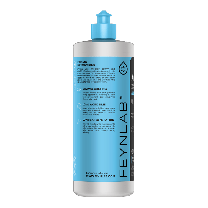 Boční strana brusné pasty FEYNLAB A50 1L s piktogramy pro minimální prašnost a nízké zahřívání