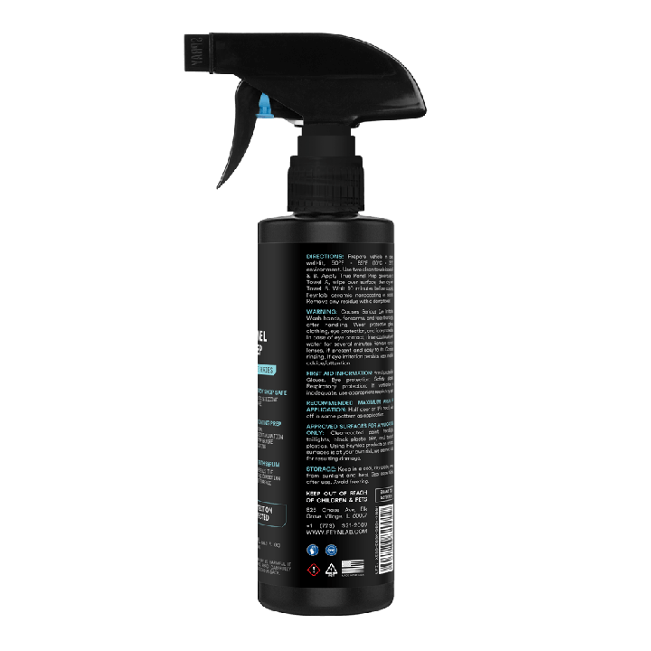 Zadní strana FEYNLAB Panel Prep 500ml s detailním návodem k bezpečnému odmaštění laku