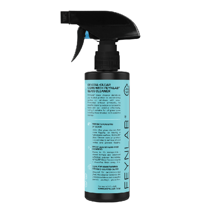 Boční strana FEYNLAB Glass Cleaner 500ml s popisem složení bez amoniaku, které je bezpečné pro tónovaná okna
