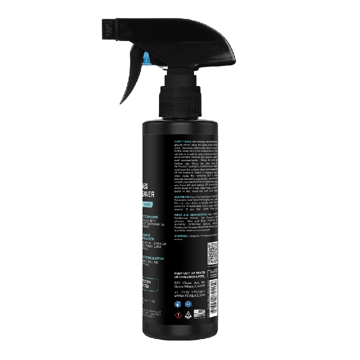 Zadní strana FEYNLAB Glass Cleaner 500ml s detailním návodem na bezpečné a efektivní čištění skel